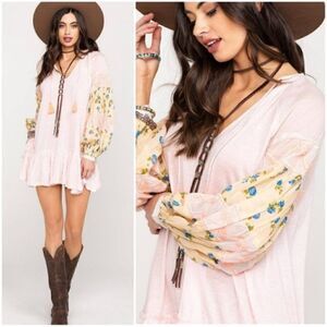 Free People Mix It Up Pink Floral Beaded Tunic Top. Size XS.